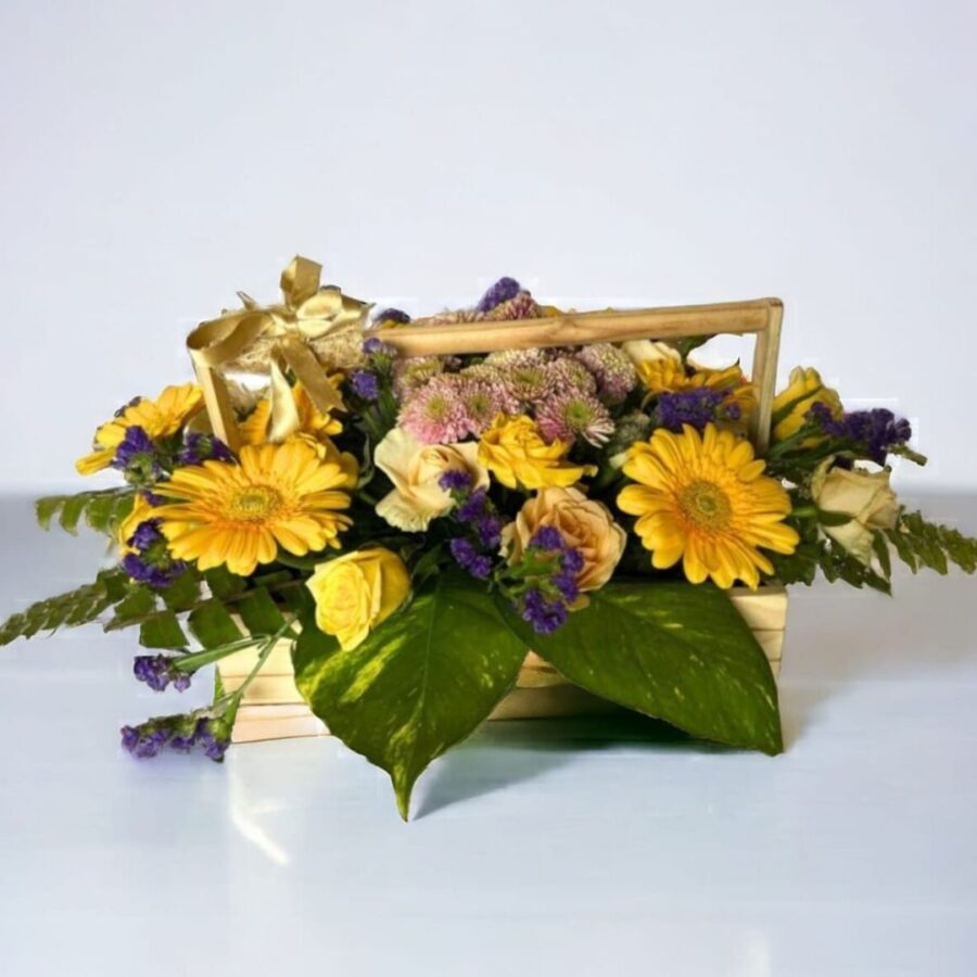YELLOW ROSE, PINK DAISY IN WOODEN BASKET.