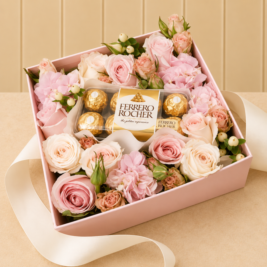 PINK BOX PINK ROSES, WHITE ROSES, AND FERRERO ROCHER